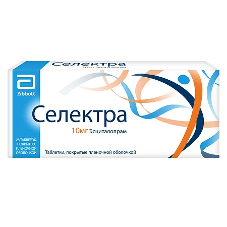 Упаковка препарата Селектра (Abbott / Actavis, эсциталопрам 10 мг)
